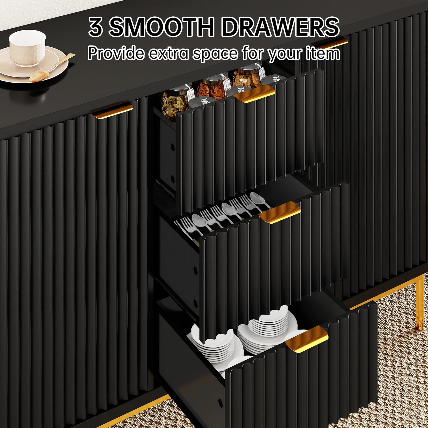 Fluted Buffet Cabinet with 2 Doors, 3 Drawers and Adjustable Shelf, 47" Modern Sideboard Credenza Coffee Bar Table, Black