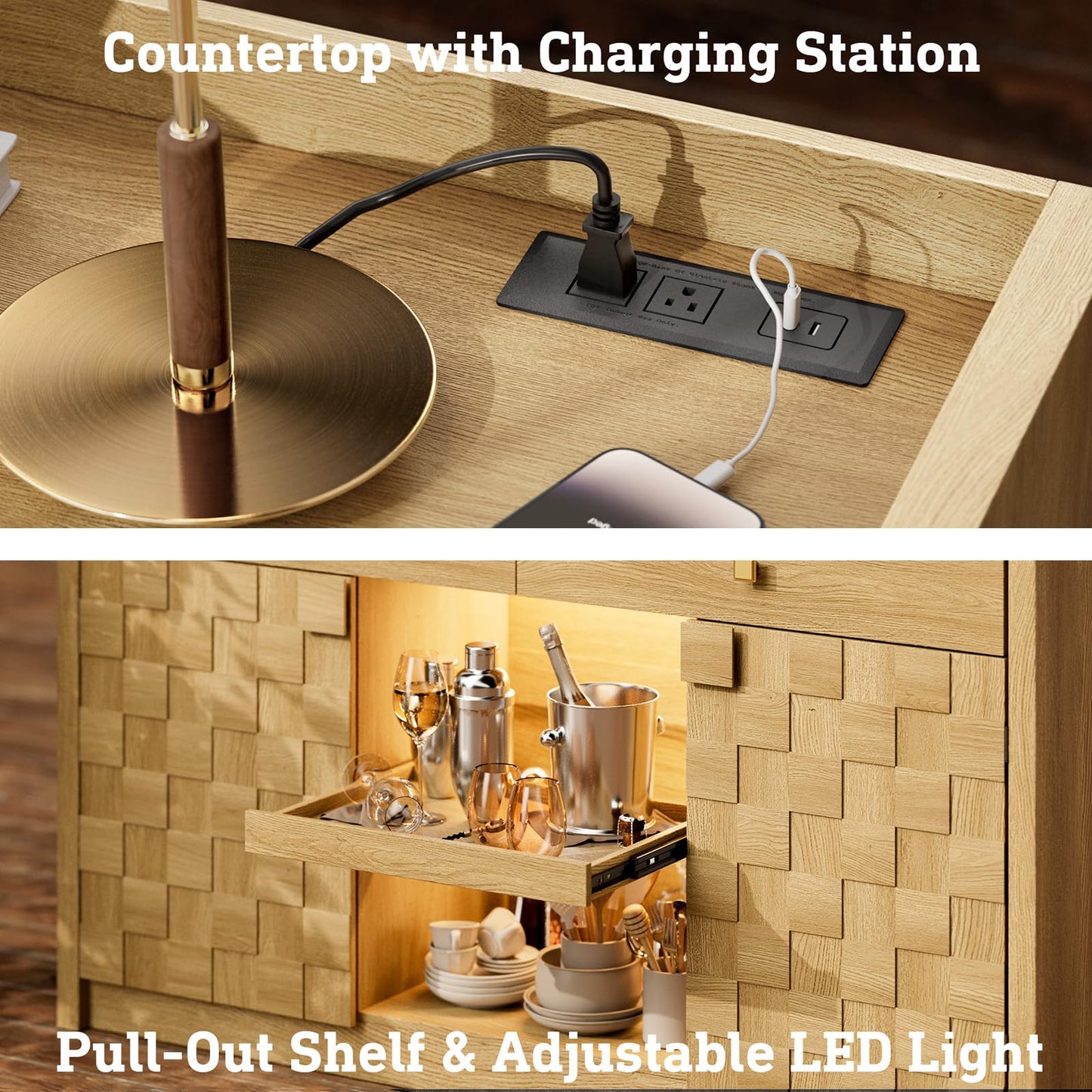 55" Fluted Sideboard Buffet Cabinet with Charging Station and LED Light, 2 Drawers, Pull-Out Shelf, and Spice Rack, Modern Kitchen Storage, Original Oak