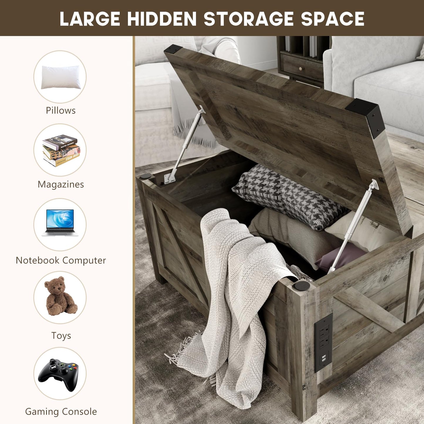 Farmhouse Lift Top Coffee Table with Storage and Charging Station – Grey Wood Square Center Table with USB Ports, Hidden Compartment, and Spacious Storage for Living Room, Bedroom, or Home Office