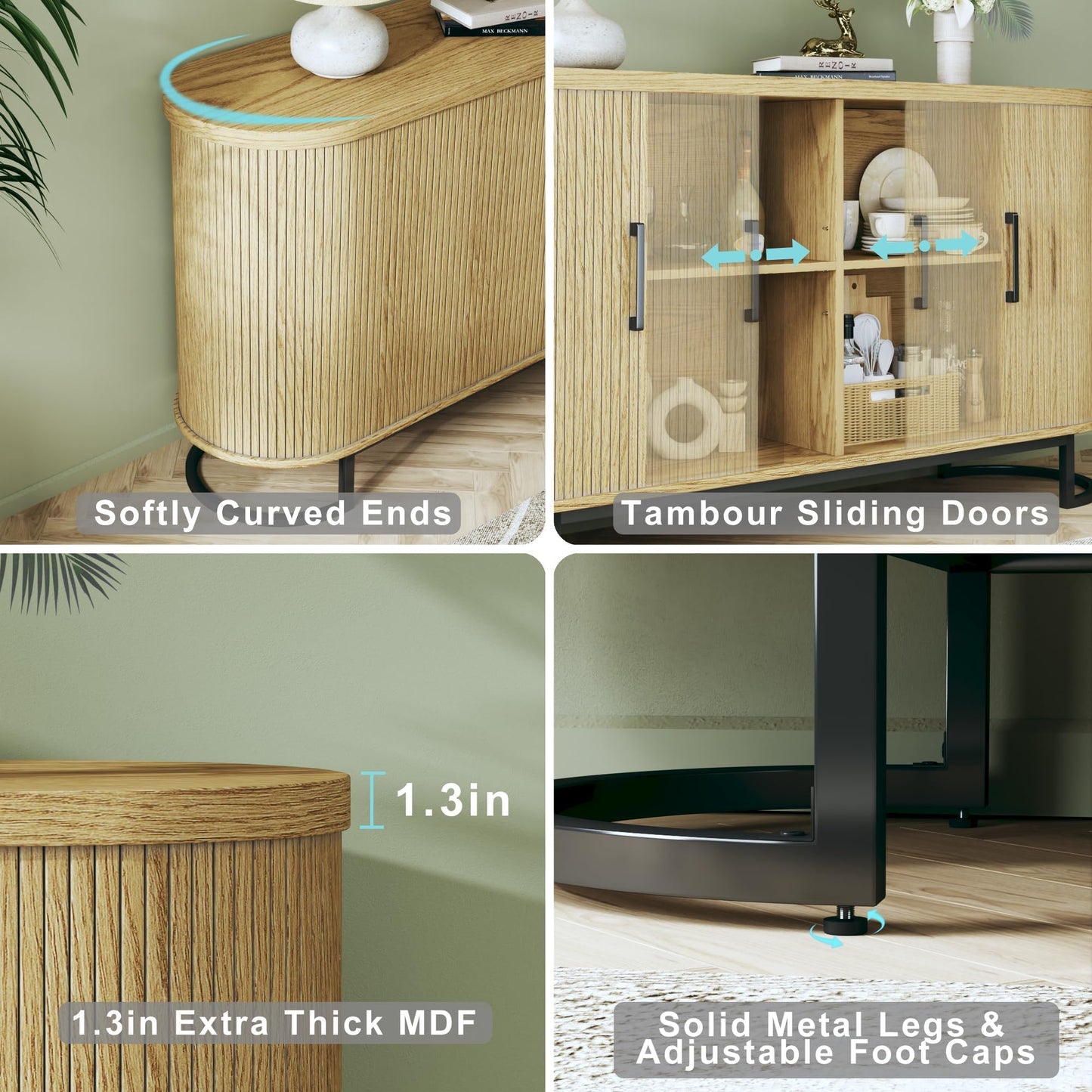 **54.3" Sideboard Buffet Cabinet with Storage, Fluted Tambour Doors, Adjustable Shelves, Mid-Century Modern Console Table for Living Room and Kitchen**