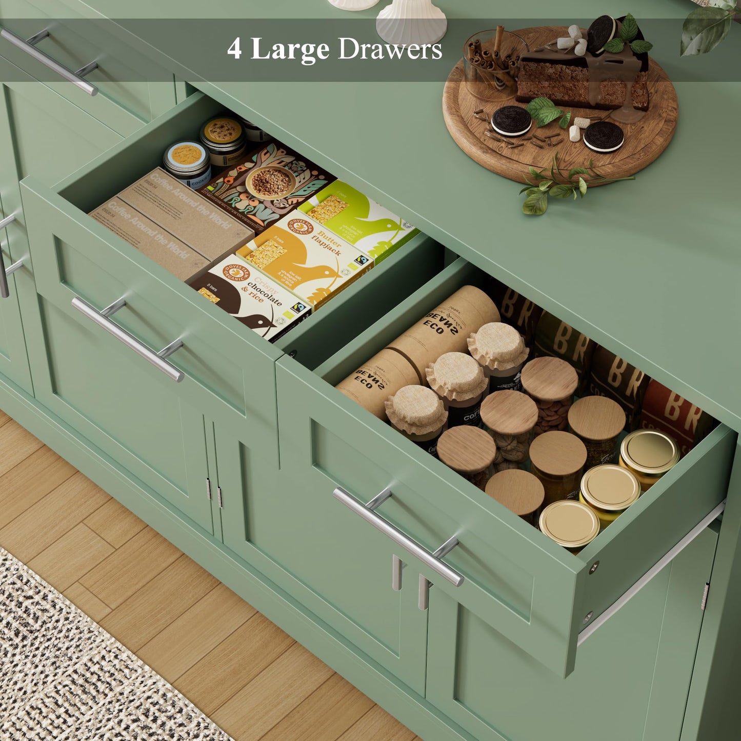 60" Large Buffet Sideboard with 4 Drawers and Storage, 36" Tall Modern Kitchen Cabinet with Gold Handles, Green