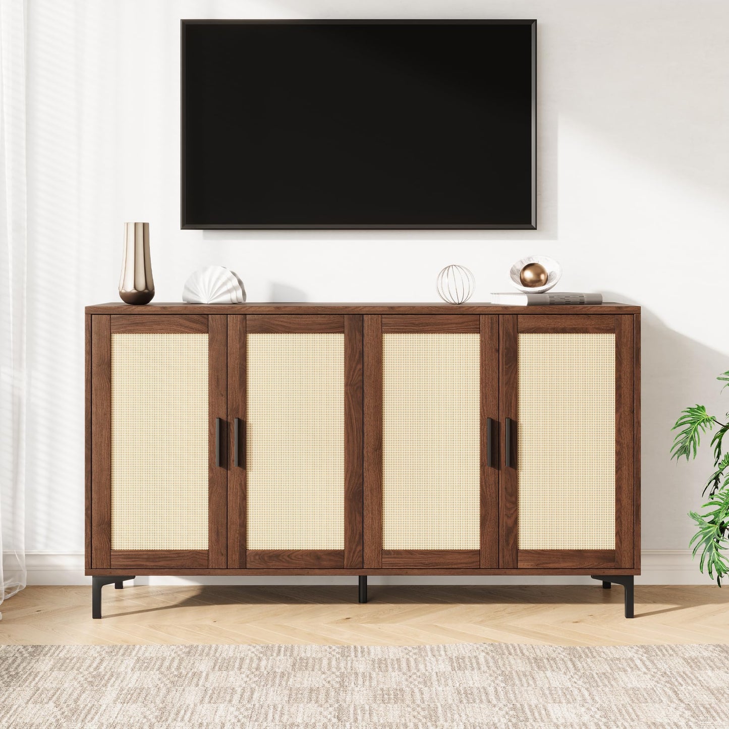 **JASIWAY Modern Rattan Sideboard Buffet Cabinet, 42"W x 34.66"H x 15"D, Brown, 4-Door Kitchen Buffet Cabinet with 3 Adjustable Shelves, Accent Storage for Dining Room and Living Room**