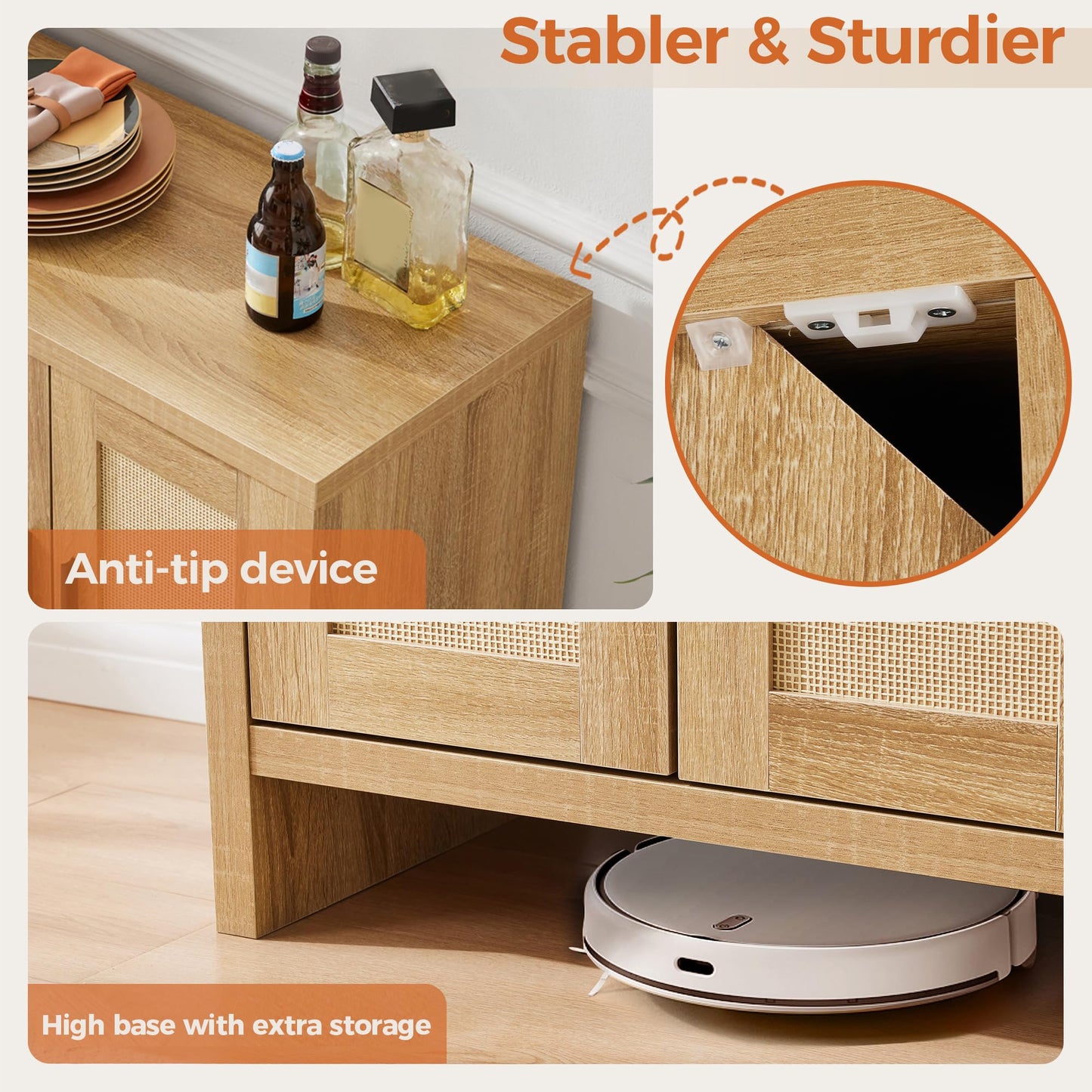 **Rattan Buffet Cabinet with Storage, Sideboard with Doors and Adjustable Shelves, Farmhouse Coffee Bar Station, Modern Wood Cupboard for Kitchen, Living Room, or Dining Room**