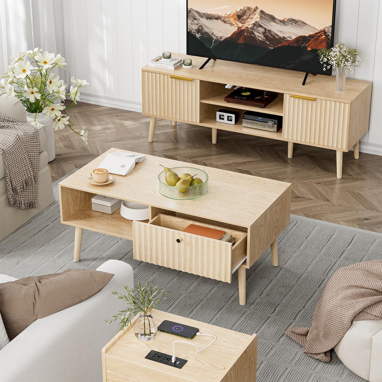 Boho Coffee Table with Storage – Fluted Drawer & Solid Wood Legs, Small Center Table for Living Room, Oak