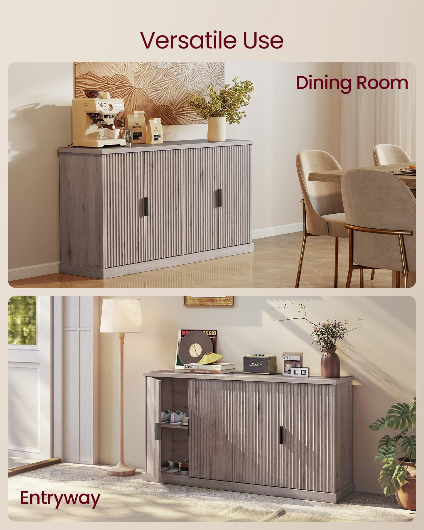 **Transitional Buffet Cabinet, Console Sideboard with Adjustable Shelves and Fluted Doors, Buffet Table for Kitchen or Pantry, Washed Gray**