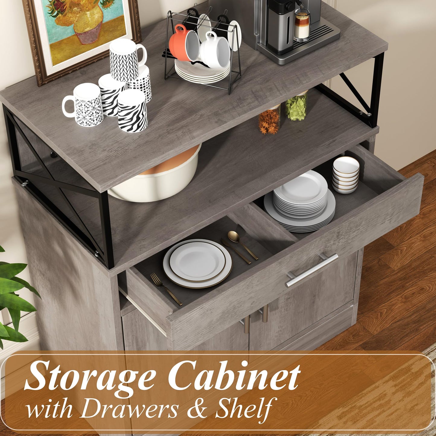 **Shintenchi Modern Kitchen Buffet Cabinet with Adjustable Shelf, Farmhouse Coffee Bar Storage Cabinet, Ash Grey**