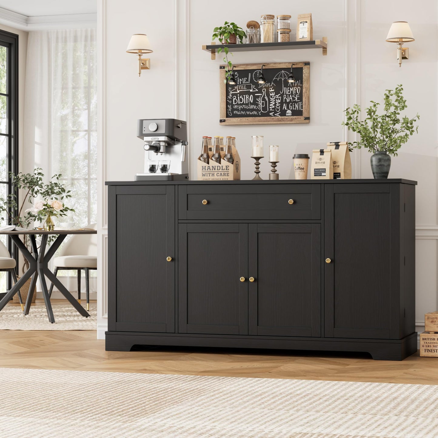 **HITHOS 54" Modern Buffet Cabinet with Storage, Black Kitchen Sideboard with Drawer, Wood Coffee Bar with Adjustable Shelves for Living Room**