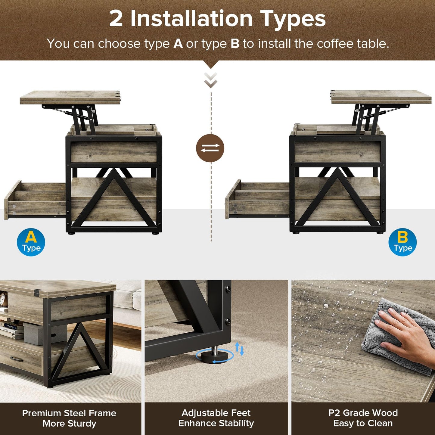 40" Lift Top Coffee Table, 4-in-1 Multi-Functional Farmhouse Coffee Table with Storage Drawers & Hidden Compartment, Lift Tabletop Center Table for Living Room, Grey