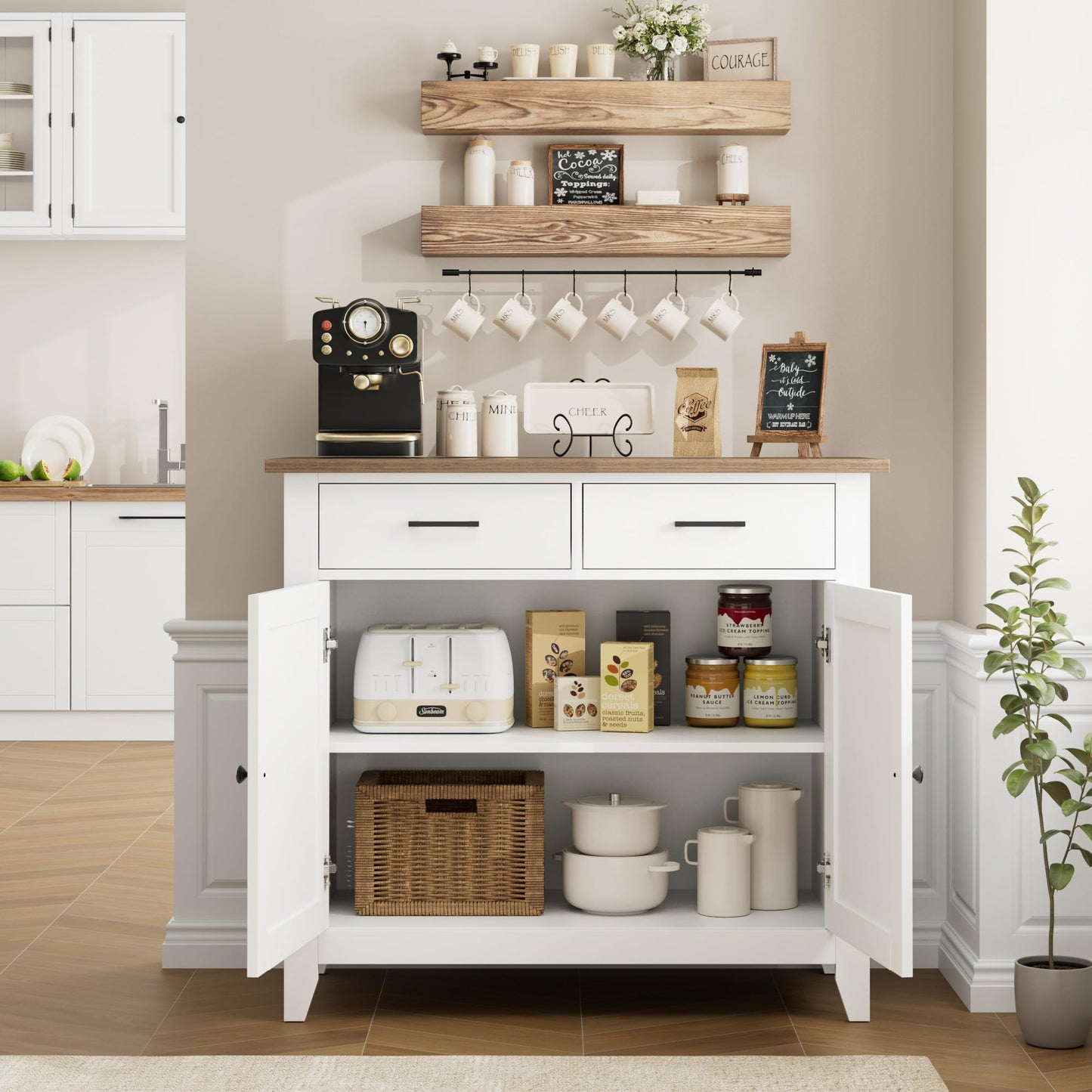 HORSTORS Modern Farmhouse Buffet Cabinet with Storage, Kitchen Sideboard Coffee Bar with 2 Drawers and 2 Doors, Floor Storage Cabinet for Living Room, Dining Room, or Bathroom, Ivory White