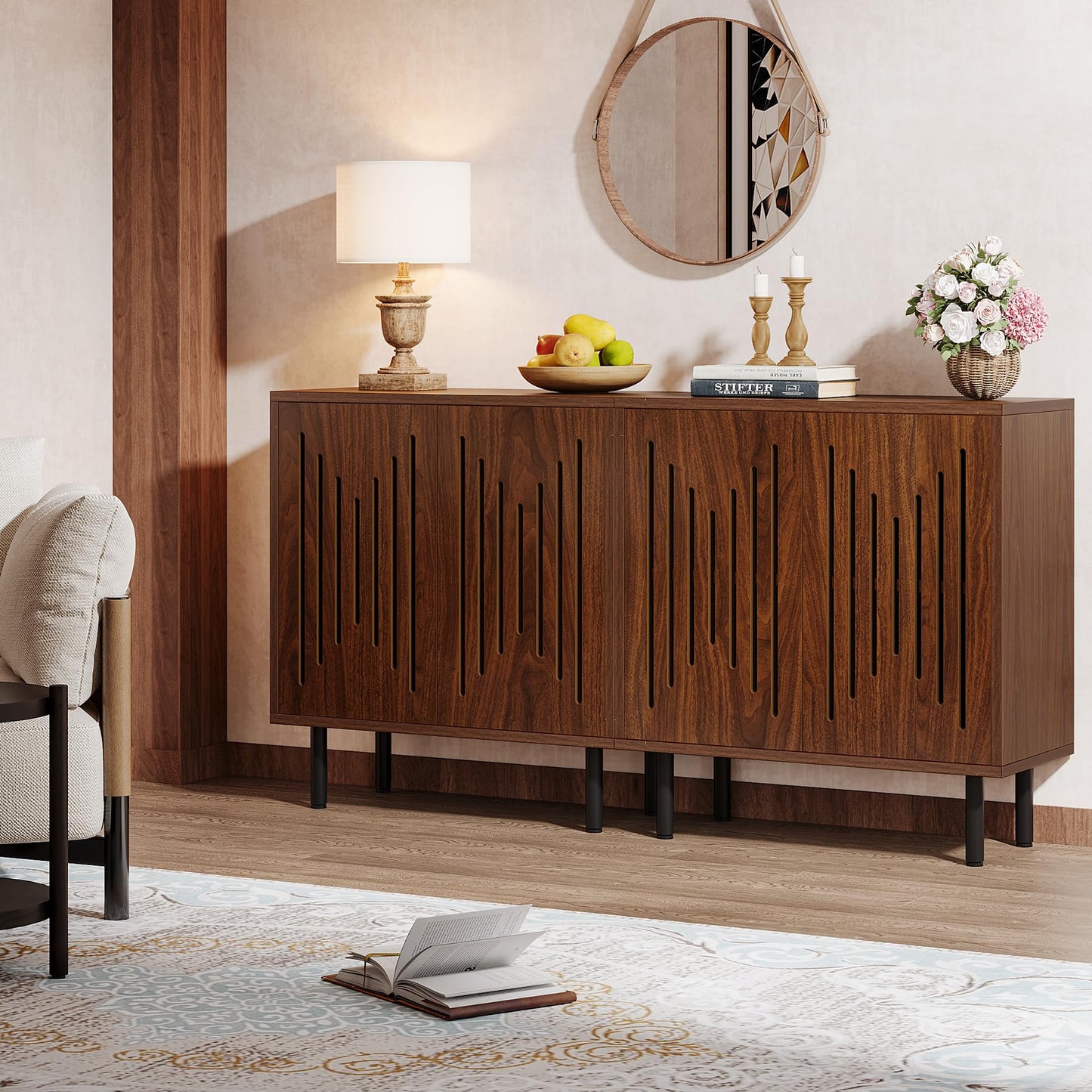 Tribesigns Set of 2 Buffet Sideboard Cabinets with Storage, 59" Long Sideboards with Adjustable Shelves, Modern Accent Storage Cabinets for Living Room, Dark Brown