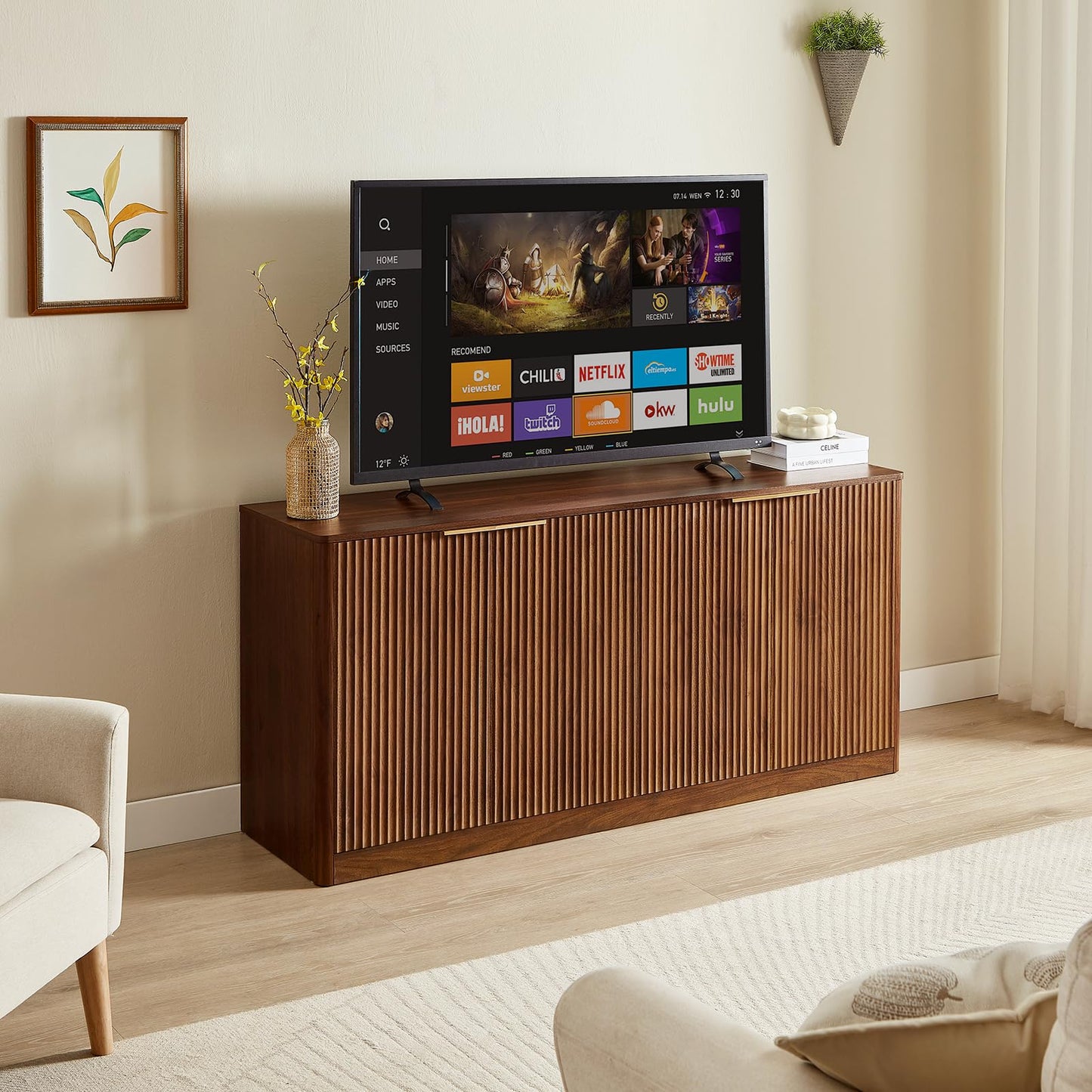 59" Fluted Walnut Sideboard Buffet Cabinet with 4 Doors, Large Wood Mid-Century Modern Storage Cabinet for Kitchen and Living Room