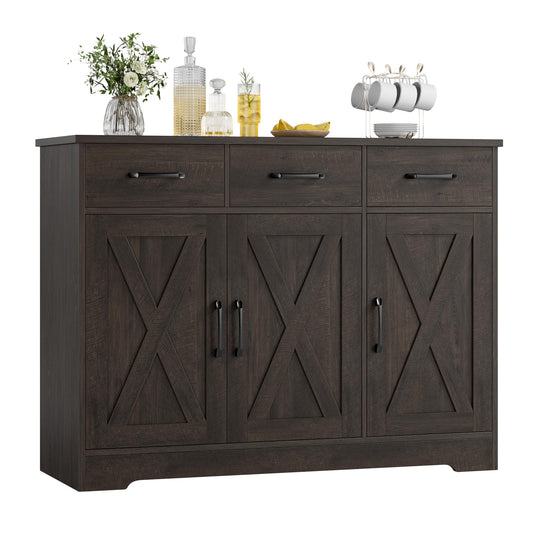 **HOSTACK Modern Farmhouse Buffet Sideboard Cabinet with Barn Doors, Drawers, and Shelves, Wood Coffee Bar Storage Cabinet for Dining Room, Kitchen, or Living Room, Dark Brown**