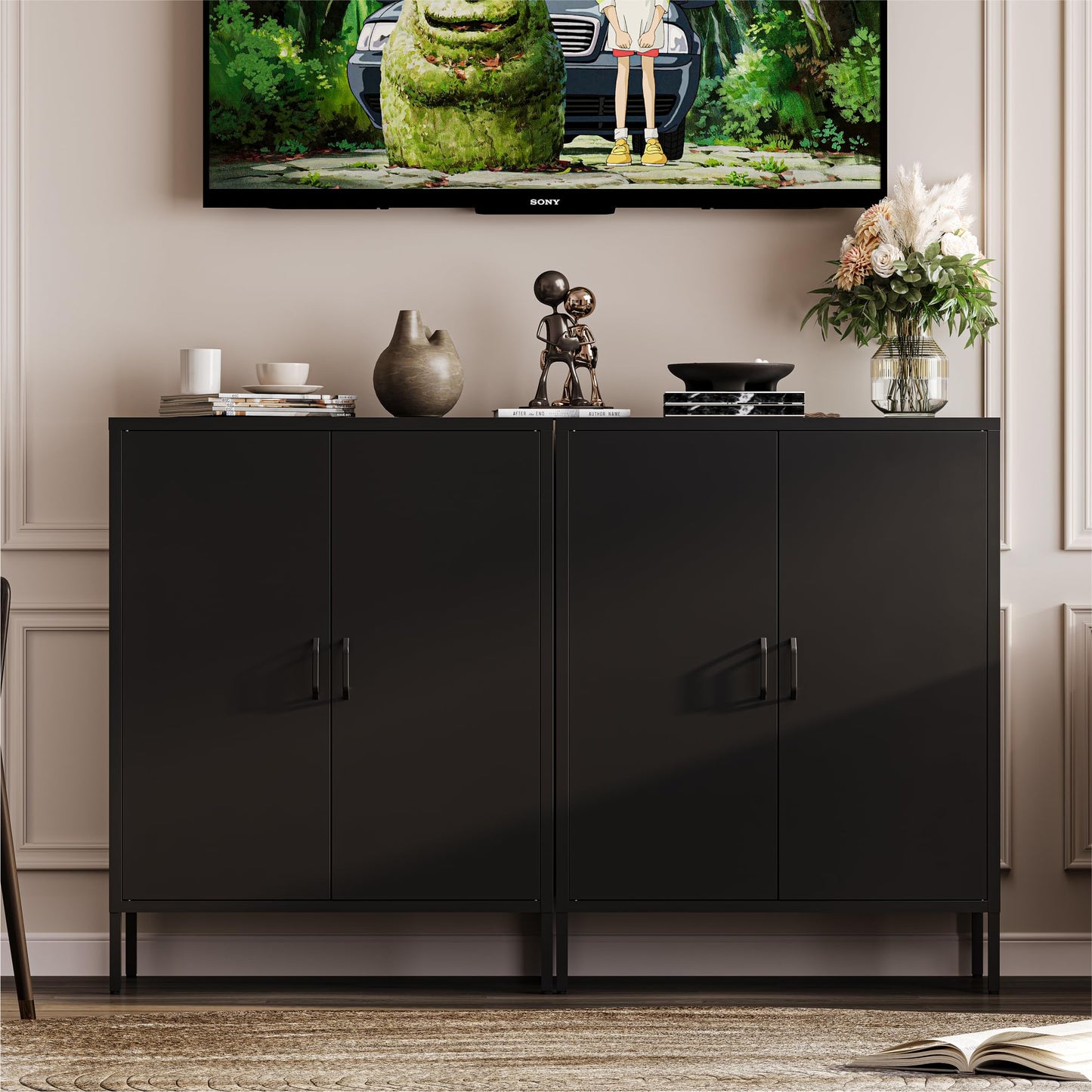 Metal Locker Storage Cabinet with 2 Doors and 4 Shelves, 39.96" Steel Floor Cabinet for Office, Home, Garage, Gym, or School, Black