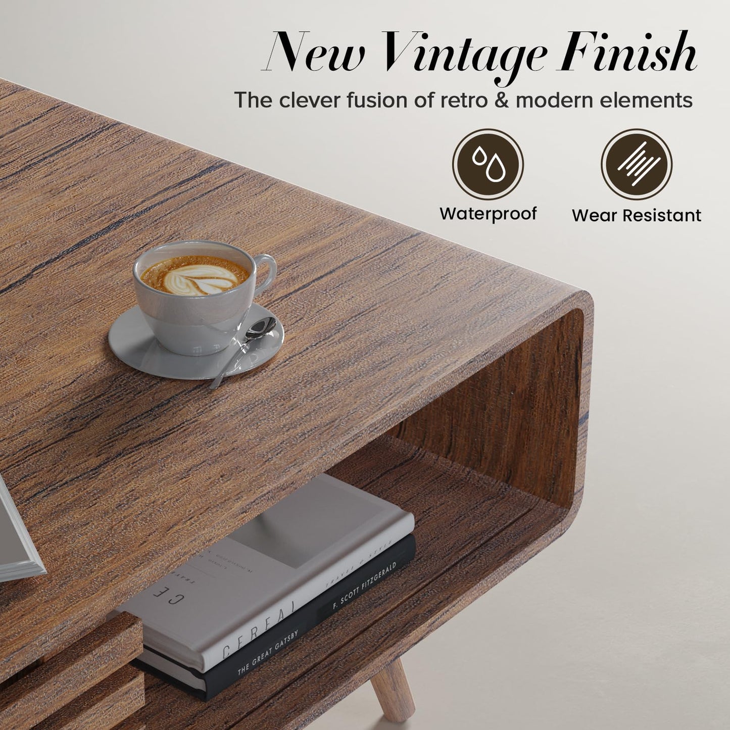 Farmhouse Wood Coffee Table with Storage for Living Room, Easy Assembly, Walnut