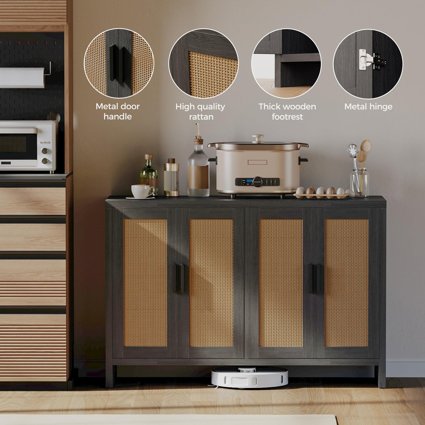 **Rattan Buffet Cabinet with Storage, Sideboard with Doors, TV Stand, Farmhouse Coffee Bar, Modern Wood Storage Cabinet for Living Room, Kitchen, or Dining Room, Black**