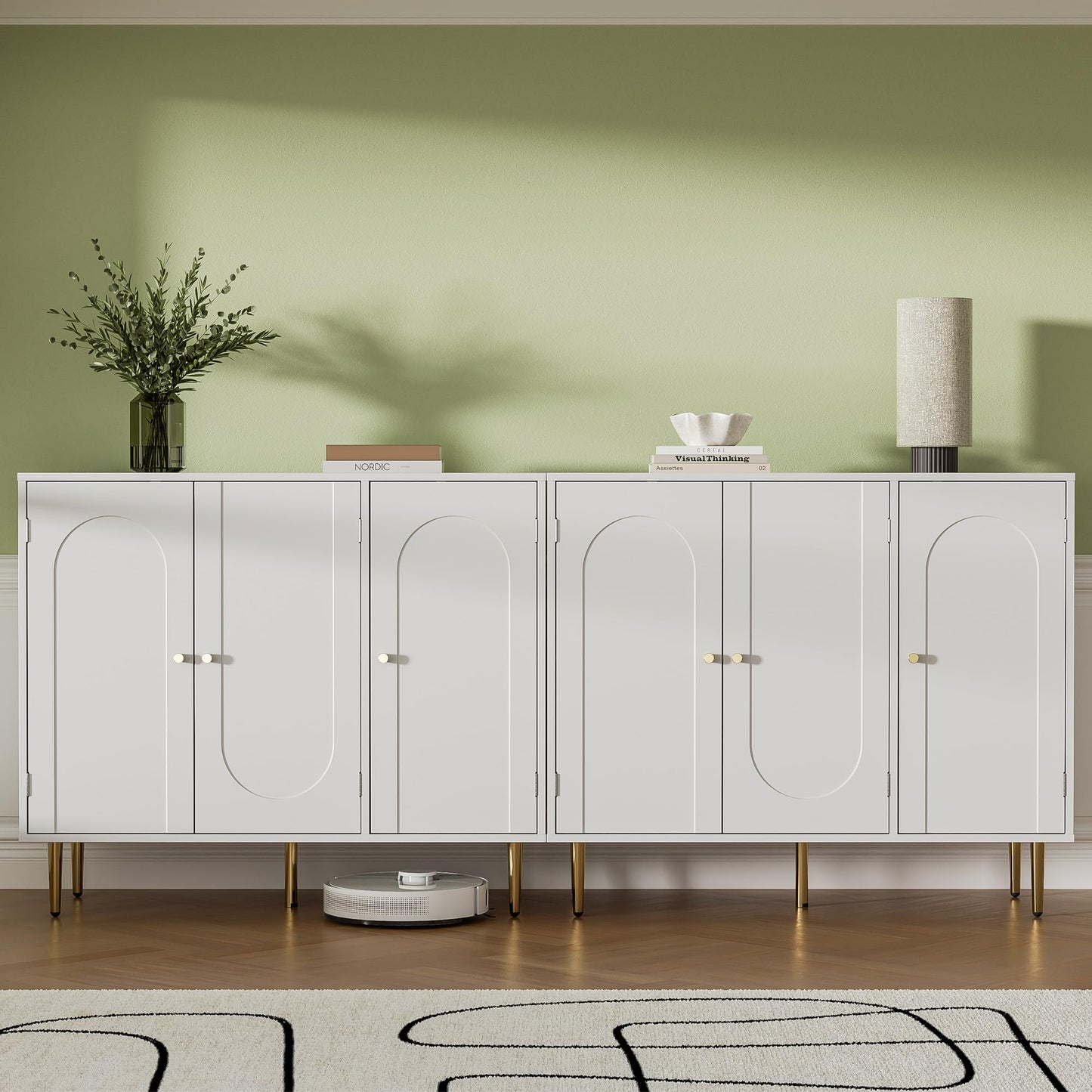 Set of 2 Sideboard Buffet Cabinets with 3 Doors and Adjustable Shelf, Arched Shaker Door Coffee Bar Storage for Living or Dining Room, White