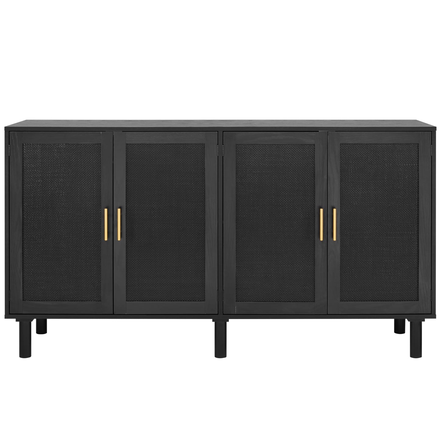 4-Door Sideboard Buffet Cabinet with Black Painted Rattan Doors, Boho Kitchen Storage Console Table and Liquor Cabinet, 62.3" x 15.7" x 34.6", Full Black