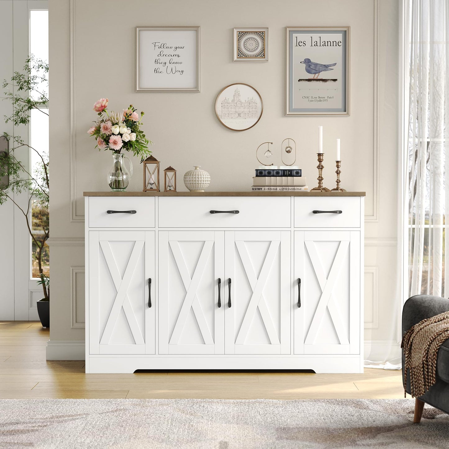55" Large Buffet Sideboard Cabinet with Drawers, Shelves, and Doors, Modern Farmhouse Coffee Bar Station for Kitchen or Dining Room, White/Rustic