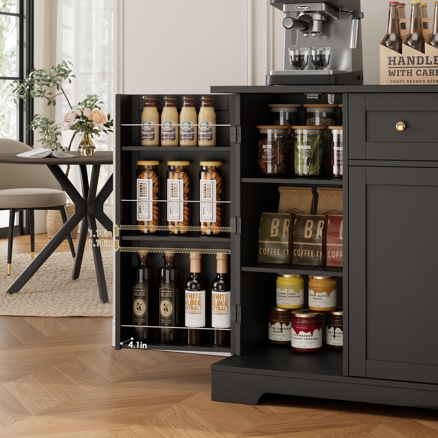 **HITHOS 54" Modern Buffet Cabinet with Storage, Black Kitchen Sideboard with Drawer, Wood Coffee Bar with Adjustable Shelves for Living Room**