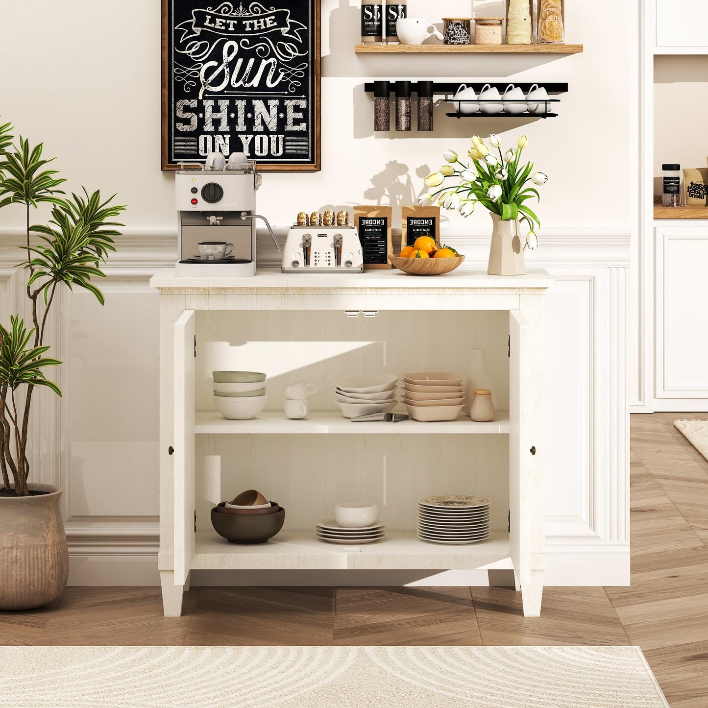 40" Coffee Bar Cabinet with Doors and Shelf, Wood Storage Sideboard with Carved Motif for Living Room, Kitchen, or Entryway, Distressed White