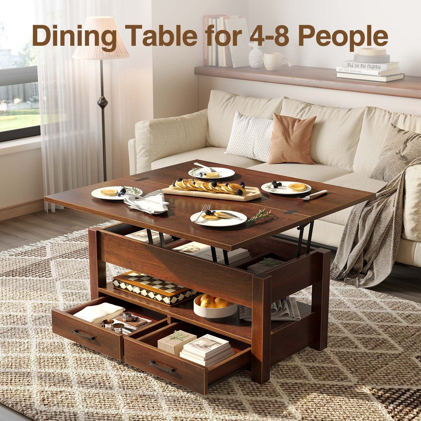 Rolanstar Coffee Table Lift Top, Multi-Function Convertible Coffee Table with Drawers and Hidden Compartment, Converts to Dining Table for Living Room, Home Office,Espresso