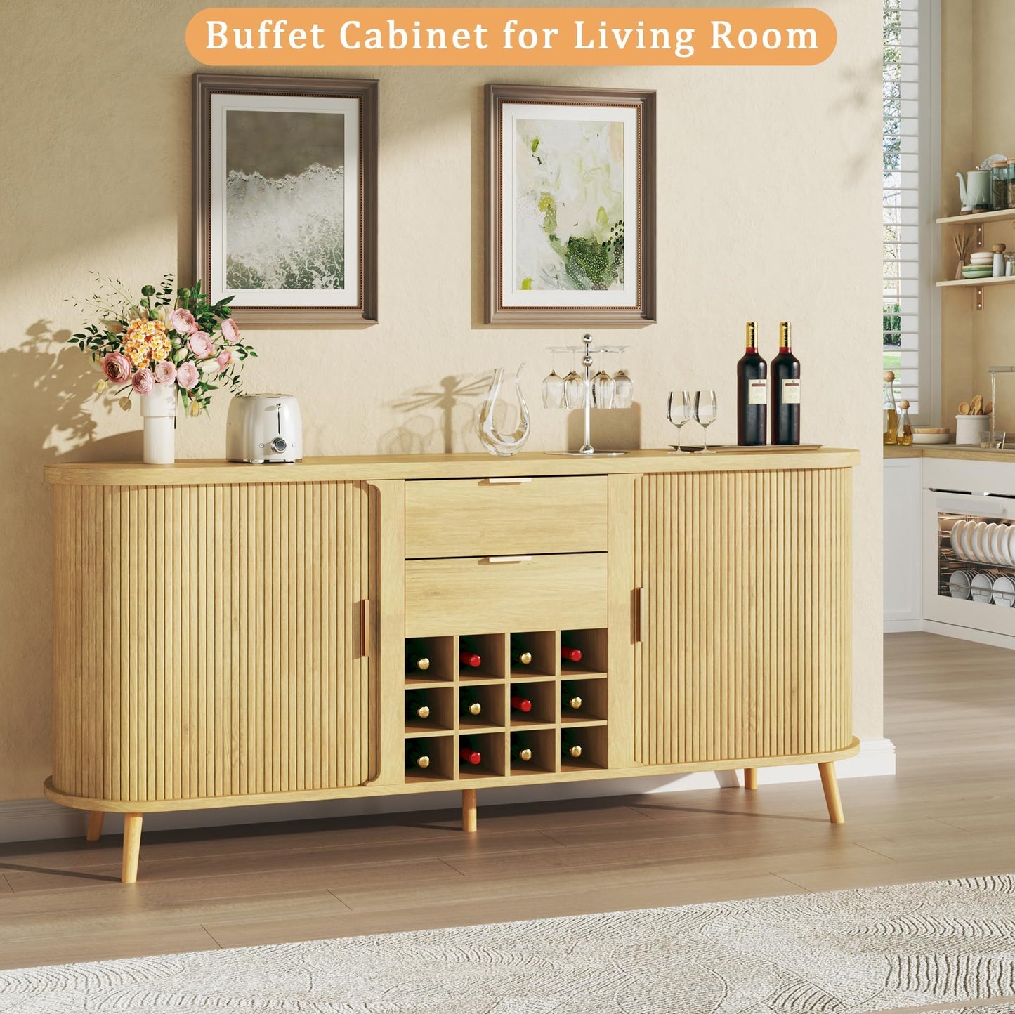 58" Fluted Buffet Cabinet with Drawers, Adjustable Shelves, and 12 Wine Racks, Mid-Century Modern Sideboard for Kitchen or Living Room, Natural Oak