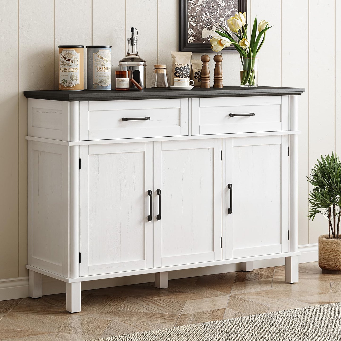 48" Farmhouse Buffet Sideboard Cabinet with 2 Drawers and 3 Doors, Wood Coffee Bar Cabinet with Adjustable Shelves for Kitchen or Living Room, Off White & Black