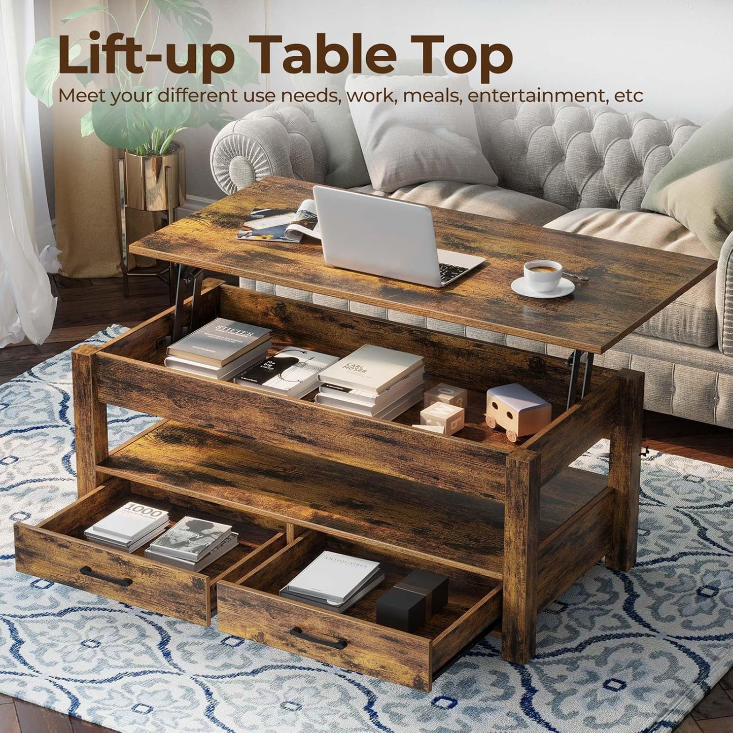 Rolanstar Lift Top Coffee Table with Drawers & Hidden Compartment – Retro Wooden Central Table with Adjustable Lift Tabletop for Living Room, Rustic Brown