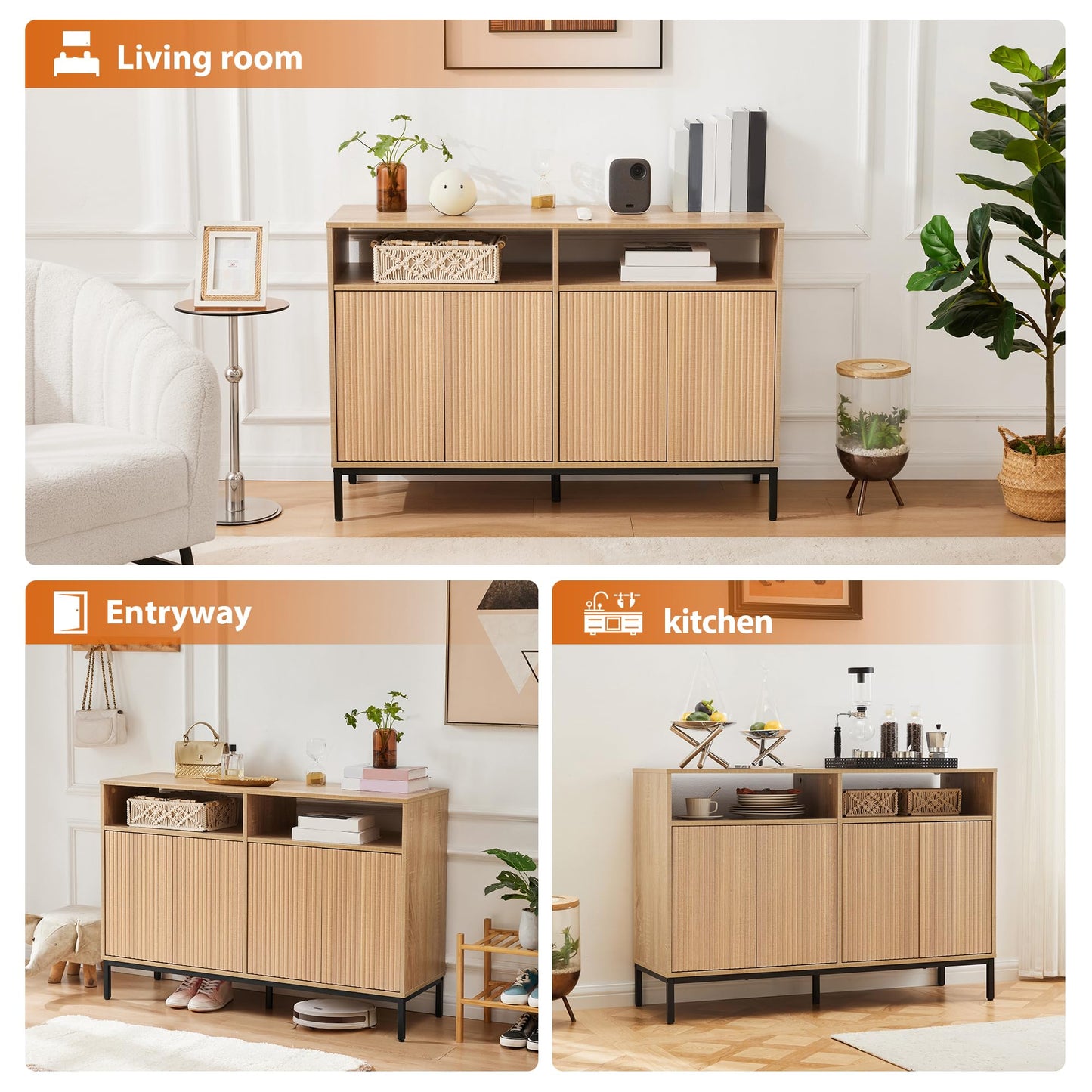 Farmhouse Buffet Sideboard Cabinet with Storage, Fluted Natural Coffee Bar Station Table with Doors and Adjustable Shelves, Modern Wood Cupboard for Kitchen