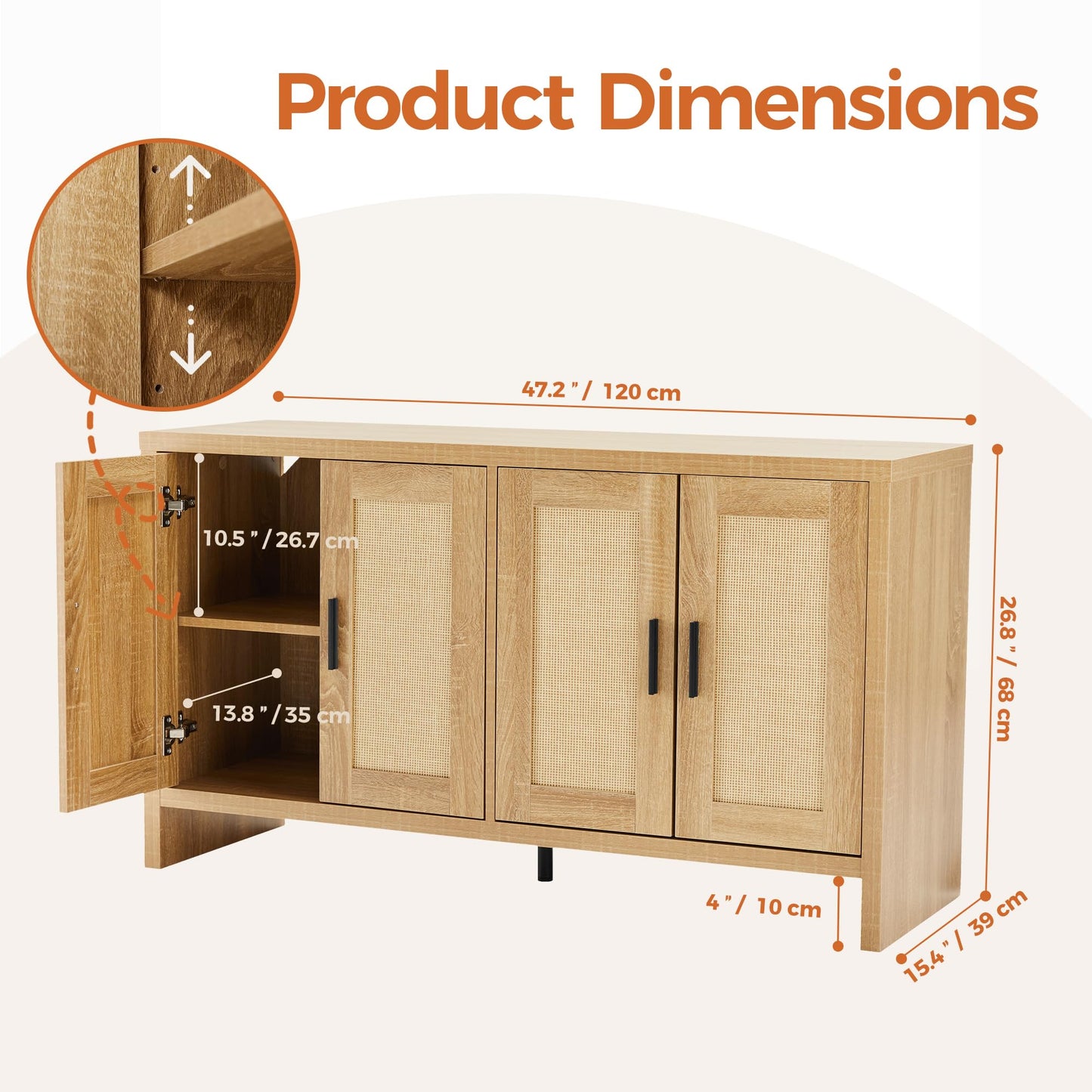 **Rattan Buffet Cabinet with Storage, Sideboard with Doors and Adjustable Shelves, Farmhouse Coffee Bar Station, Modern Wood Cupboard for Kitchen, Living Room, or Dining Room**