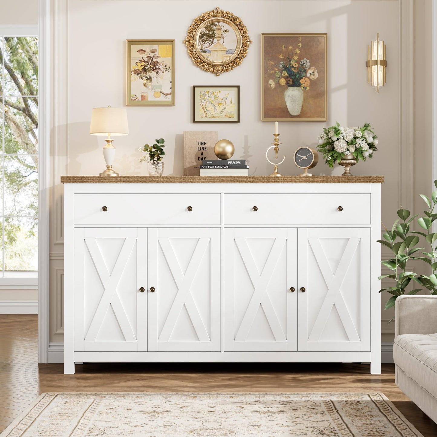 55" Large Sideboard Buffet Cabinet with 2 Drawers and 4 Doors, Wood Storage Buffet Table for Kitchen or Dining Room, White