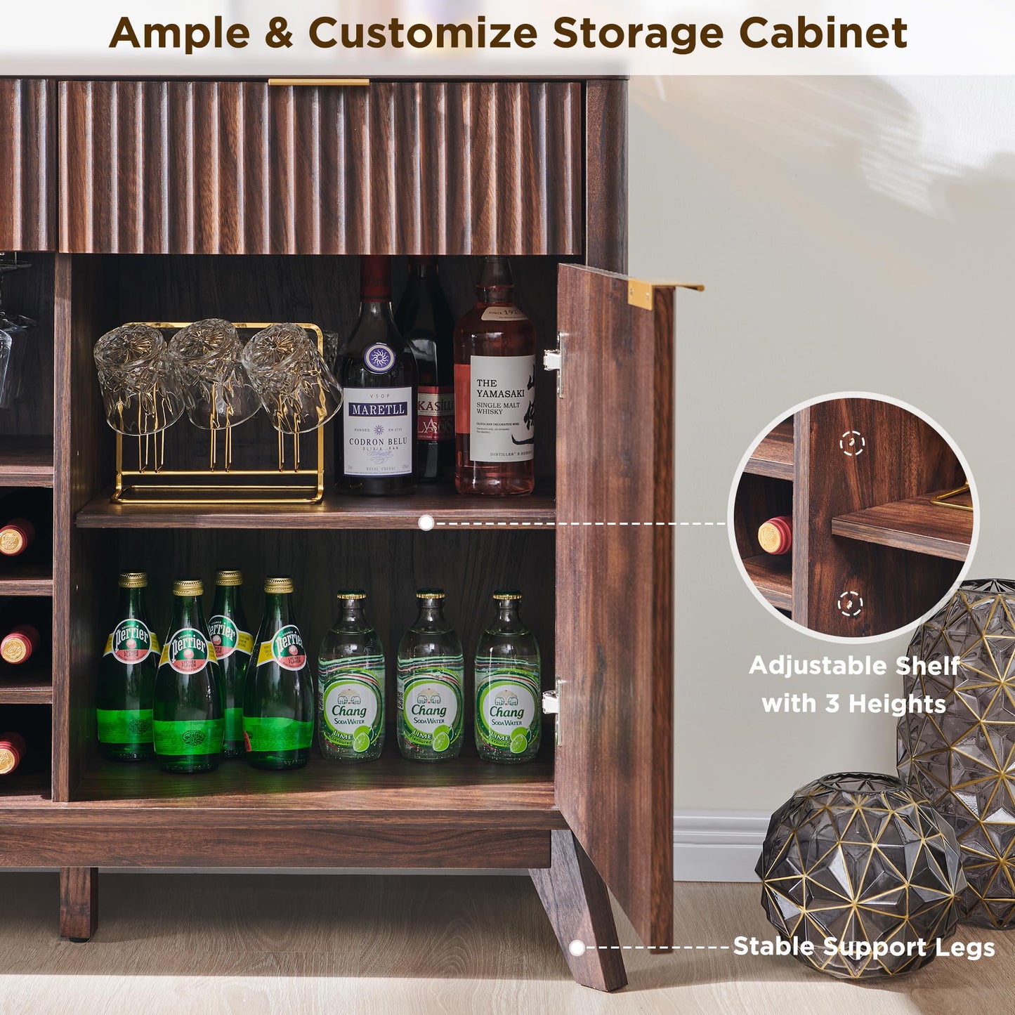 60" Fluted Buffet Cabinet with 3 Drawers and 2 Doors, Modern Wine and Coffee Bar Sideboard with Wine and Glass Racks, Adjustable Shelves for Kitchen or Dining, Walnut