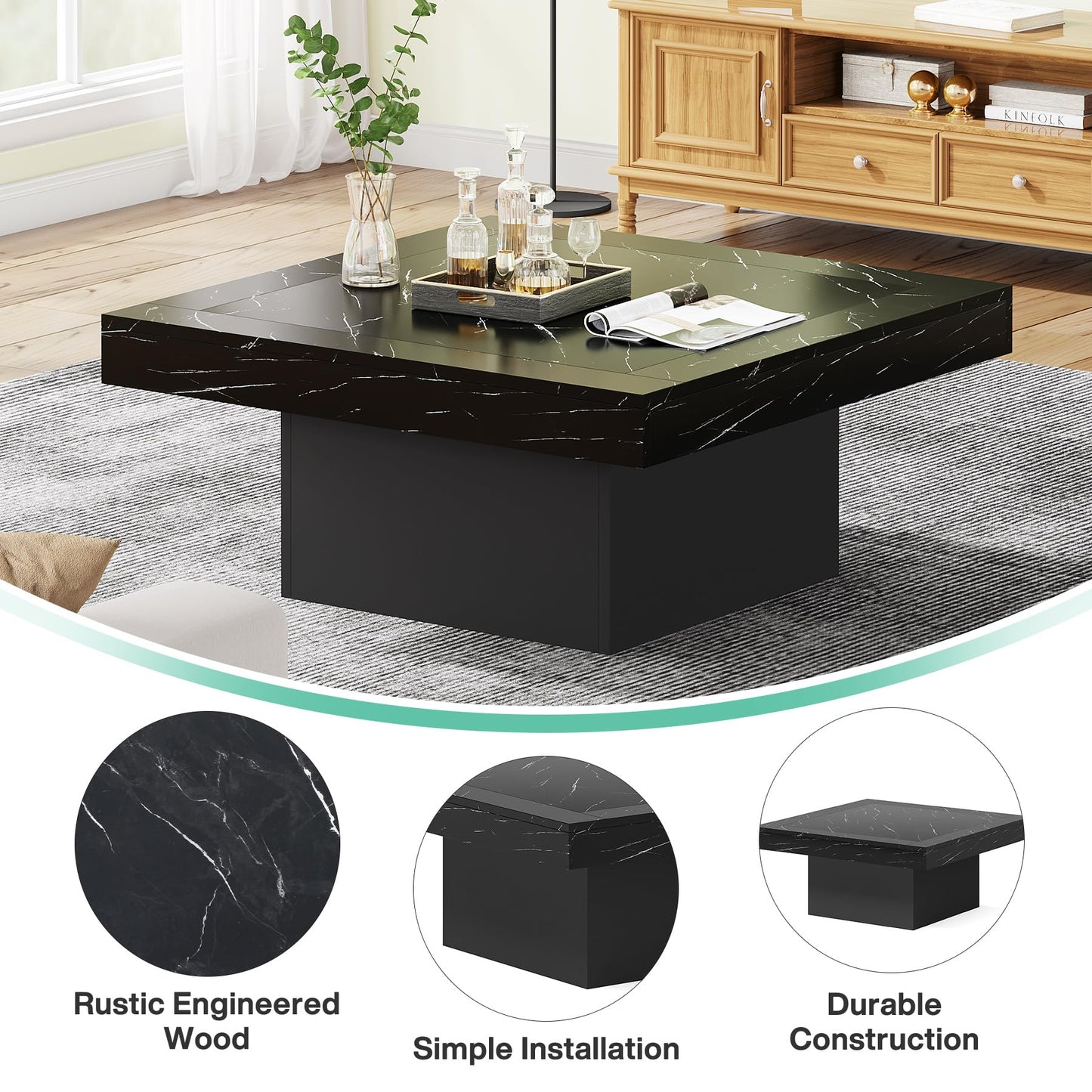 Tribesigns Square LED Coffee Table – Faux Black Marble & Black Engineered Wood Low Center Table for Living Room