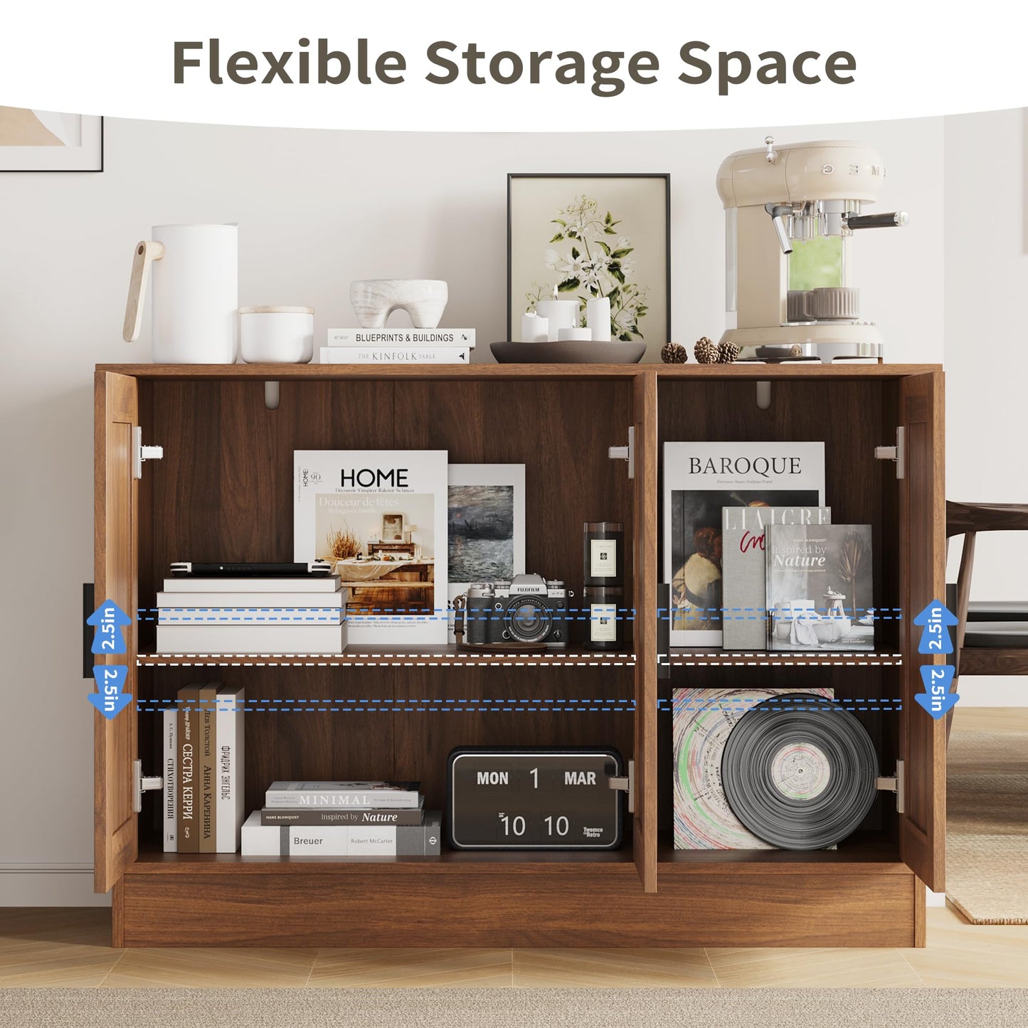 43" Brown Buffet Cabinet with 3 Doors and Adjustable Shelf, Modern Coffee Bar Sideboard for Kitchen or Living Room