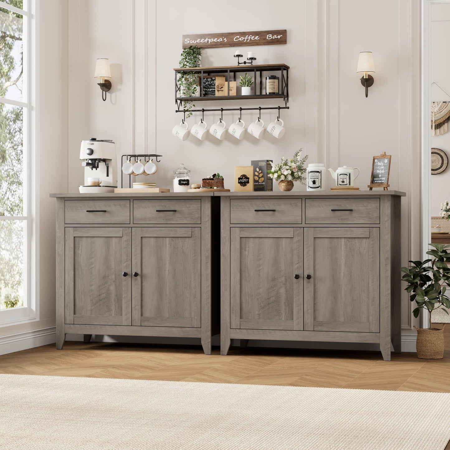 HORSTORS Modern Farmhouse Buffet Cabinet with Storage, Kitchen Sideboard Coffee Bar with 2 Drawers and 2 Doors, Floor Storage Cabinet for Living Room, Dining Room, or Bathroom, Grey
