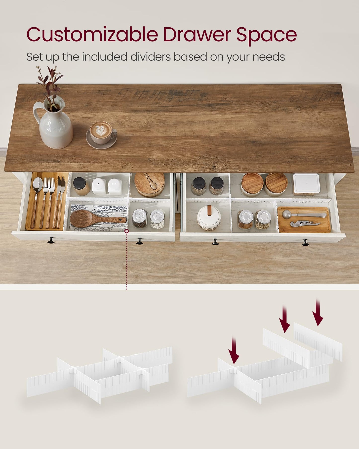 **Buffet Cabinet, Coffee Bar Cabinet with 2 Drawers, Adjustable Shelves, Sideboard Storage with Cable Holes and Drawer Dividers, Rustic White and Honey Brown**