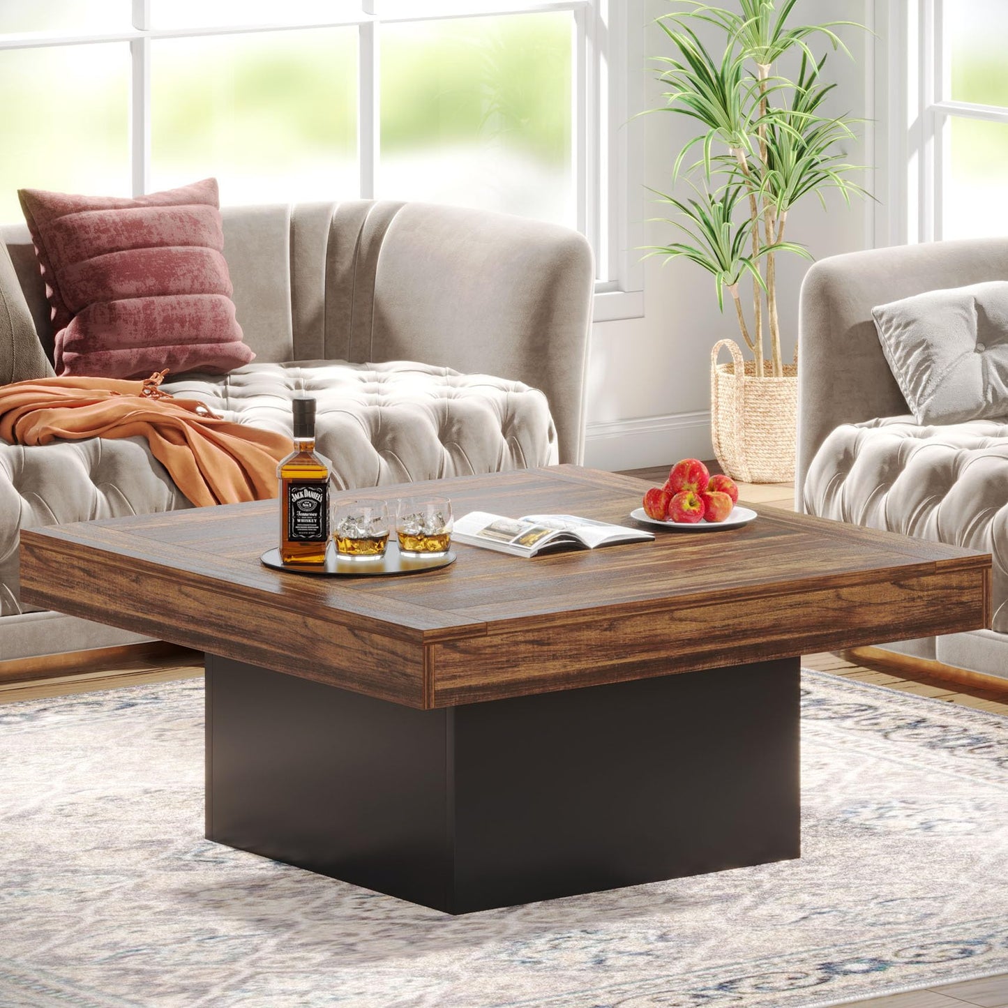 Tribesigns Square LED Coffee Table – Rustic Brown & Black Engineered Wood Low Center Cocktail Table for Living Room