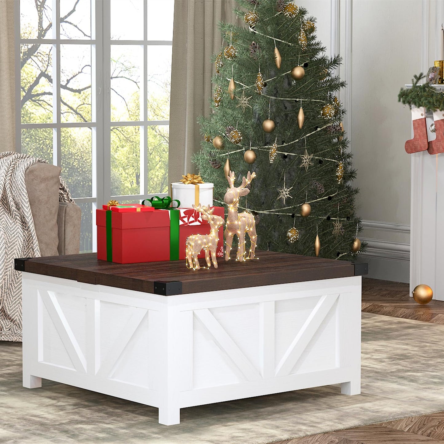 Farmhouse Lift Top Coffee Table with Storage and Charging Station – White Wood Square Center Table with USB Ports, Hidden Compartment, and Large Storage Space for Living Room, Bedroom, or Home Office