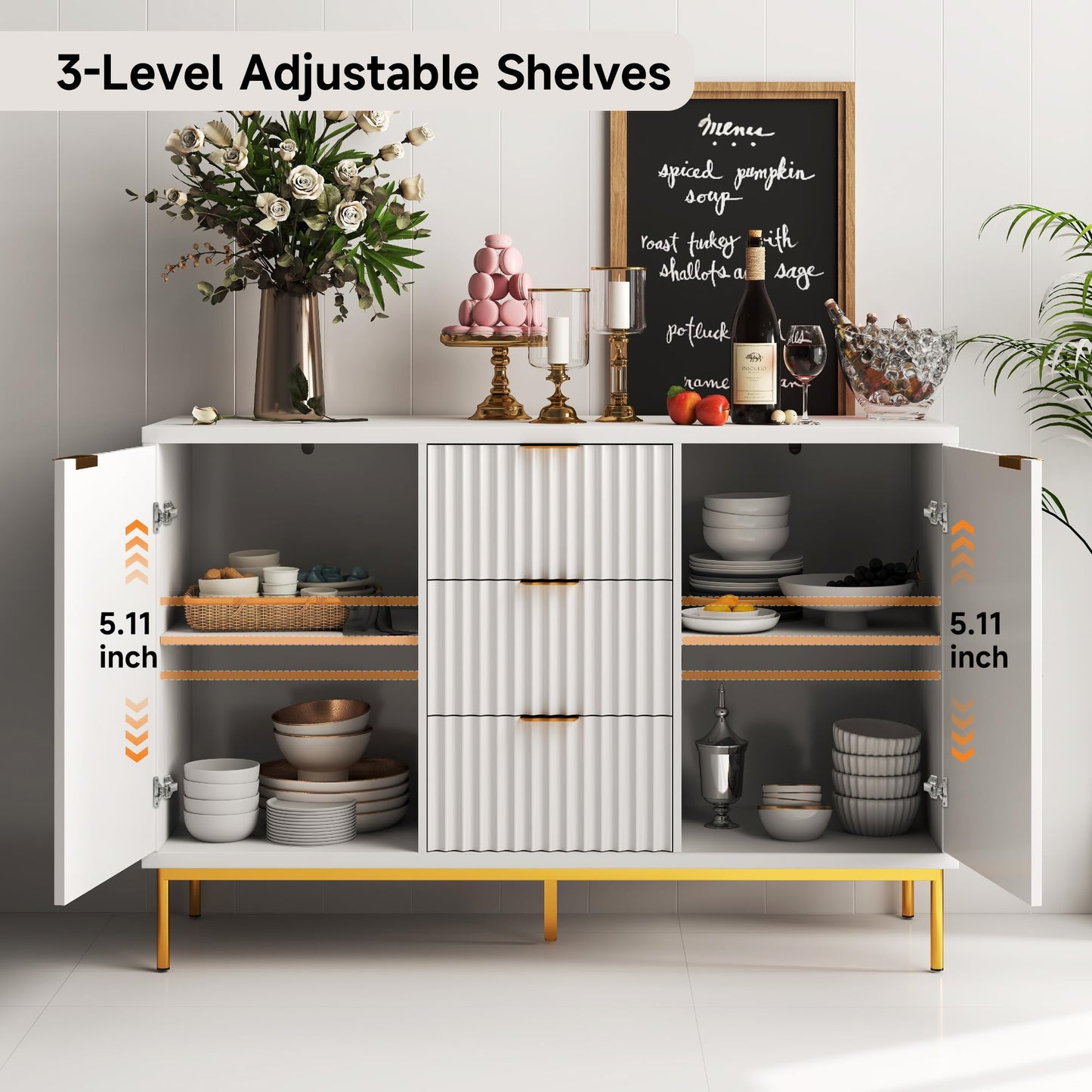 Fluted Buffet Cabinet with 2 Doors, 3 Drawers and Adjustable Shelf, 47" Modern Sideboard Coffee Bar Table for Kitchen and Living Room, White