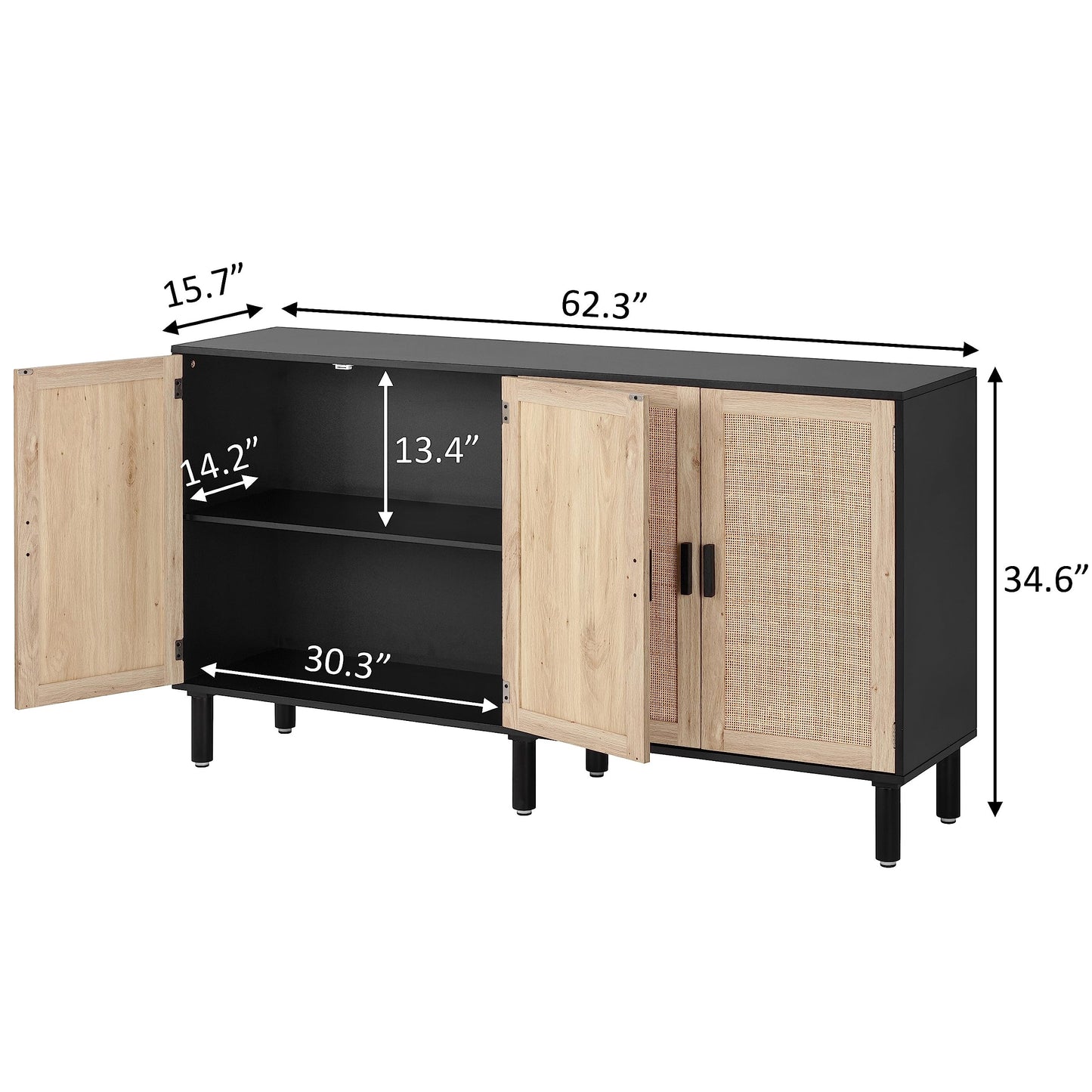 4-Door Sideboard Buffet Cabinet with Rattan Doors, Boho Kitchen Storage Console Table and Liquor Bar Cabinet, 62.3" x 15.7" x 34.6", Black
