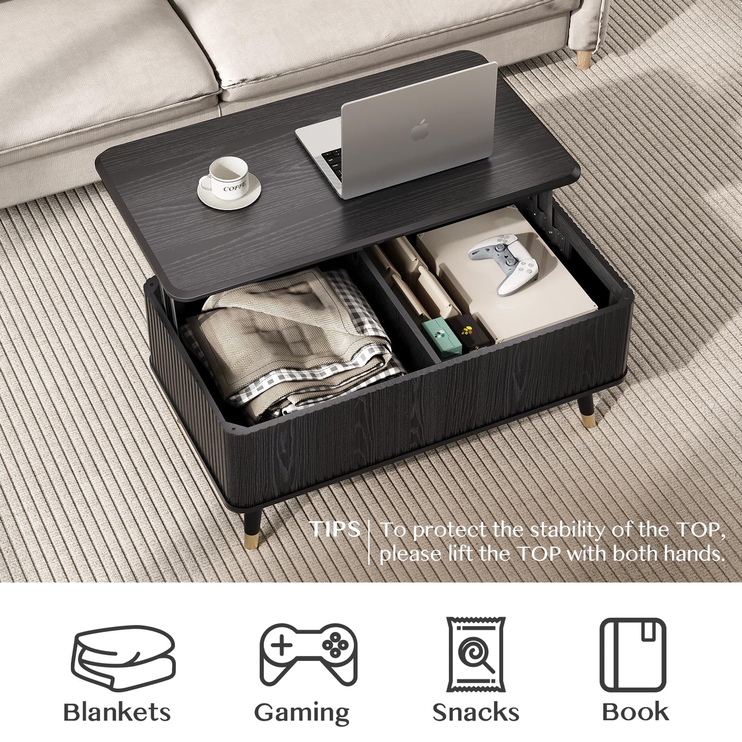 Lift Top Coffee Table with Storage Shelf & Hidden Compartment, Mid-Century Modern Fluted Rectangle Table for Living Room or Home Office, Black