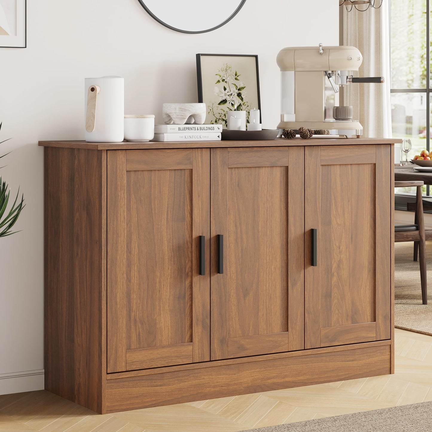 43" Brown Buffet Cabinet with 3 Doors and Adjustable Shelf, Modern Coffee Bar Sideboard for Kitchen or Living Room