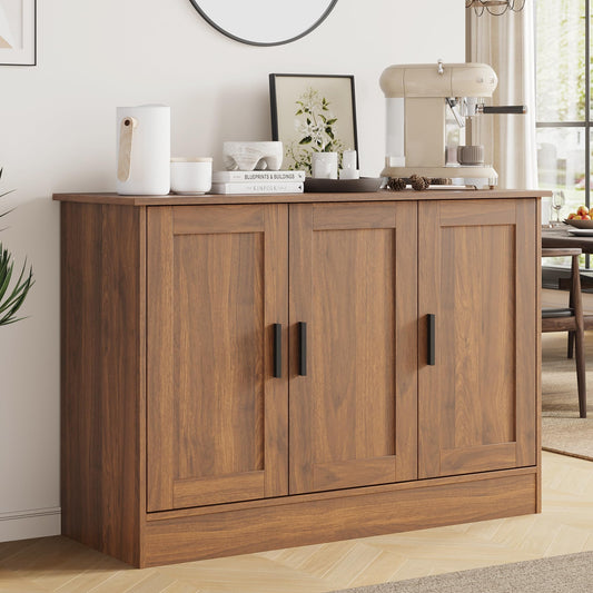 43" Brown Buffet Cabinet with 3 Doors and Adjustable Shelf, Modern Coffee Bar Sideboard for Kitchen or Living Room