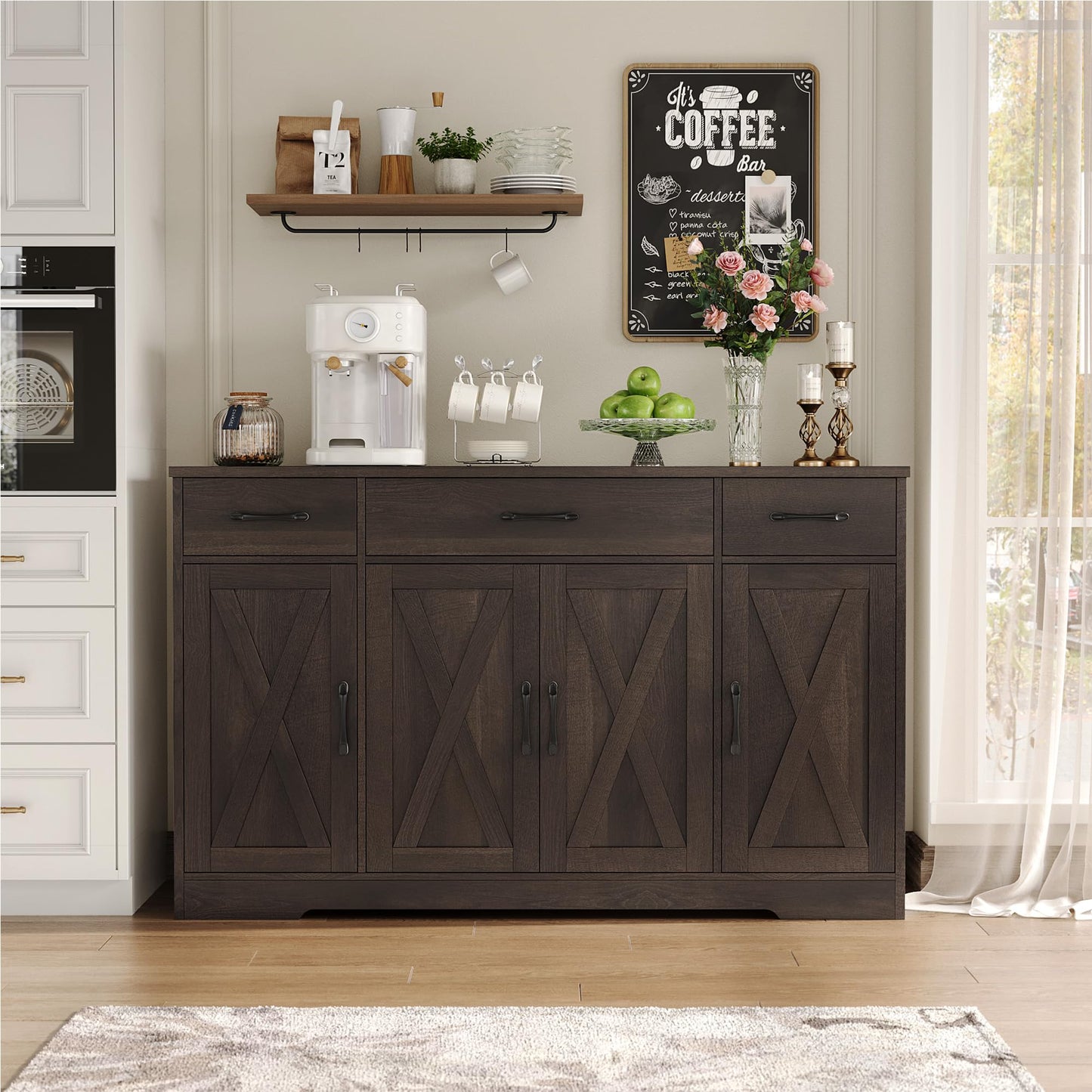 55" Large Buffet Sideboard Cabinet with Drawers, Shelves, and Doors, Modern Farmhouse Coffee Bar Station for Kitchen or Dining Room, Dark Brown