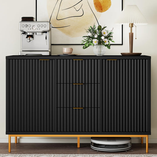 Fluted Buffet Cabinet with 2 Doors, 3 Drawers and Adjustable Shelf, 47" Modern Sideboard Credenza Coffee Bar Table, Black