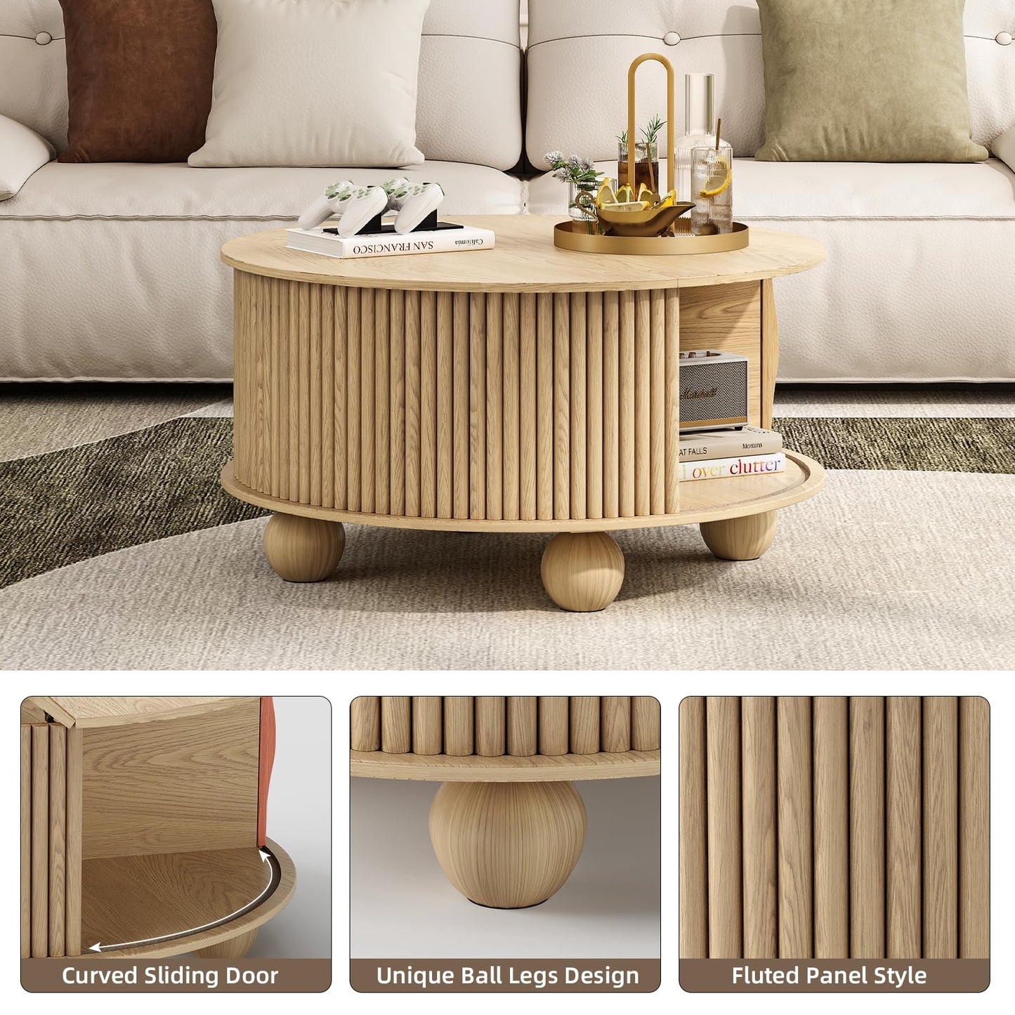 Round Coffee Table with Storage, 31.5" Fluted Lift-Top Drum Center Table with Sliding Door and Bun Feet, Mid-Century Modern Coffee Table for Living Room or Small Spaces, Oak