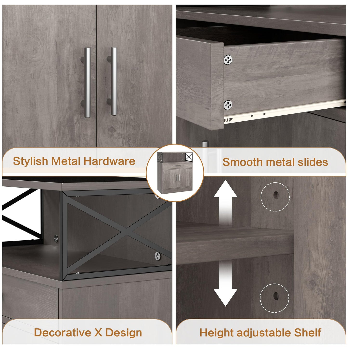 **Shintenchi Modern Kitchen Buffet Cabinet with Adjustable Shelf, Farmhouse Coffee Bar Storage Cabinet, Ash Grey**