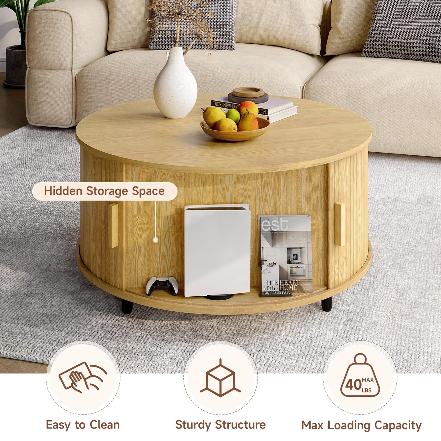 Round Coffee Table with Storage, 31.5" Modern Fluted Wood Table with 360° Sliding Door and Adjustable Footpads, Oak