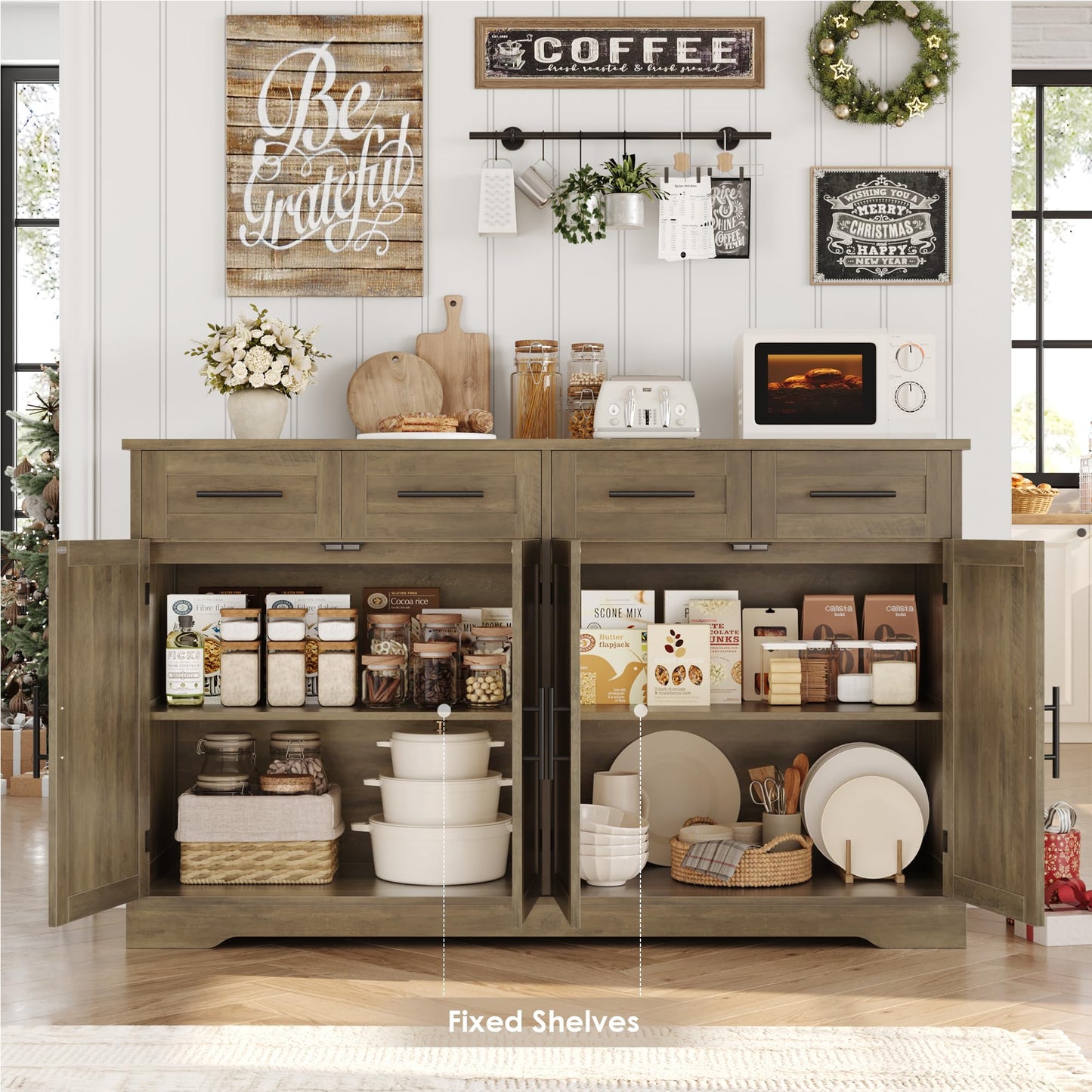 60" Large Buffet Sideboard with 4 Drawers and Storage, 36" Tall Modern Kitchen Cabinet with Black Handles, Rustic Brown