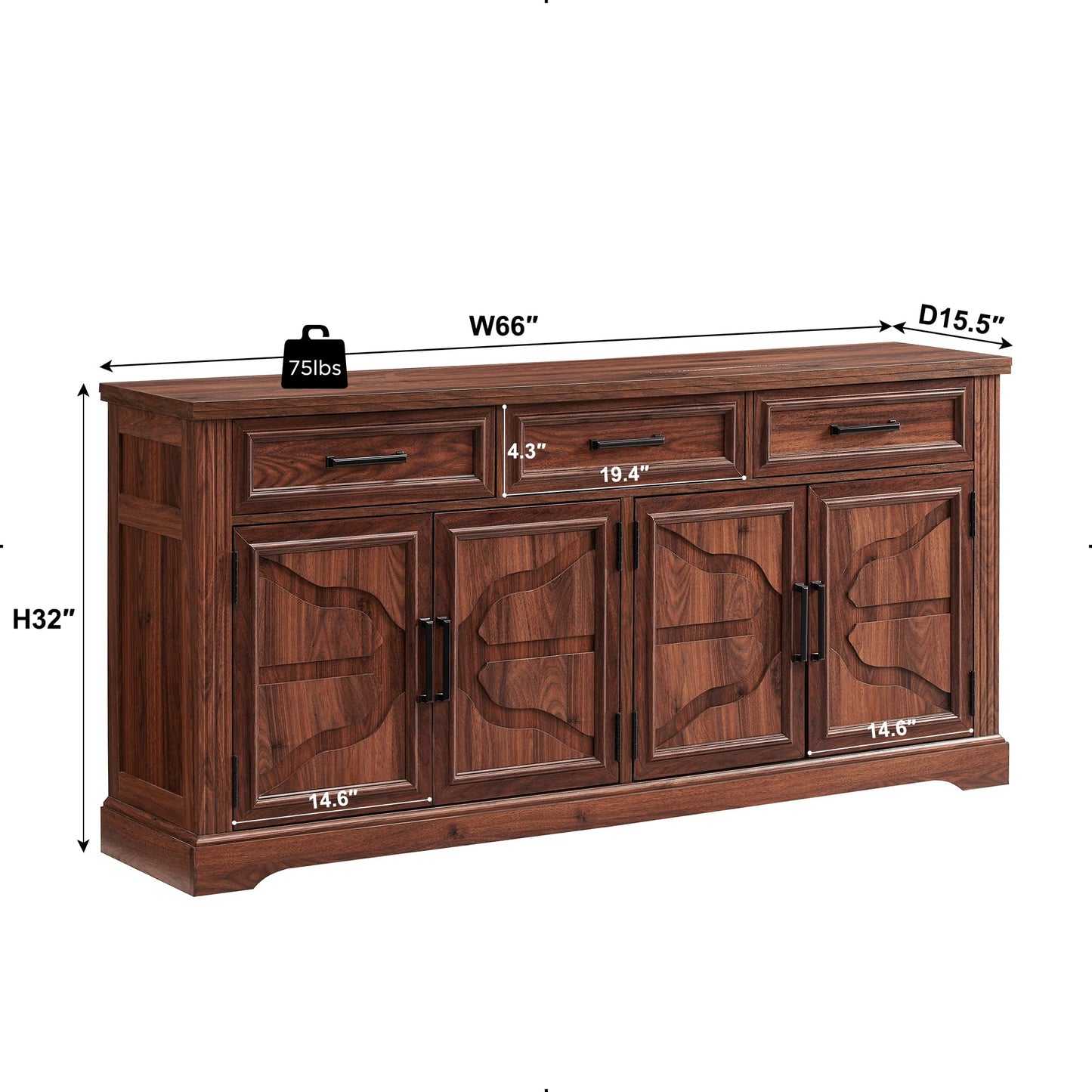 **66" Large Buffet Sideboard Cabinet with 4 Doors and 3 Drawers, Coffee Bar Wine Bar Storage Cabinet for Dining Room, Living Room, or Hallway, Dark Brown**